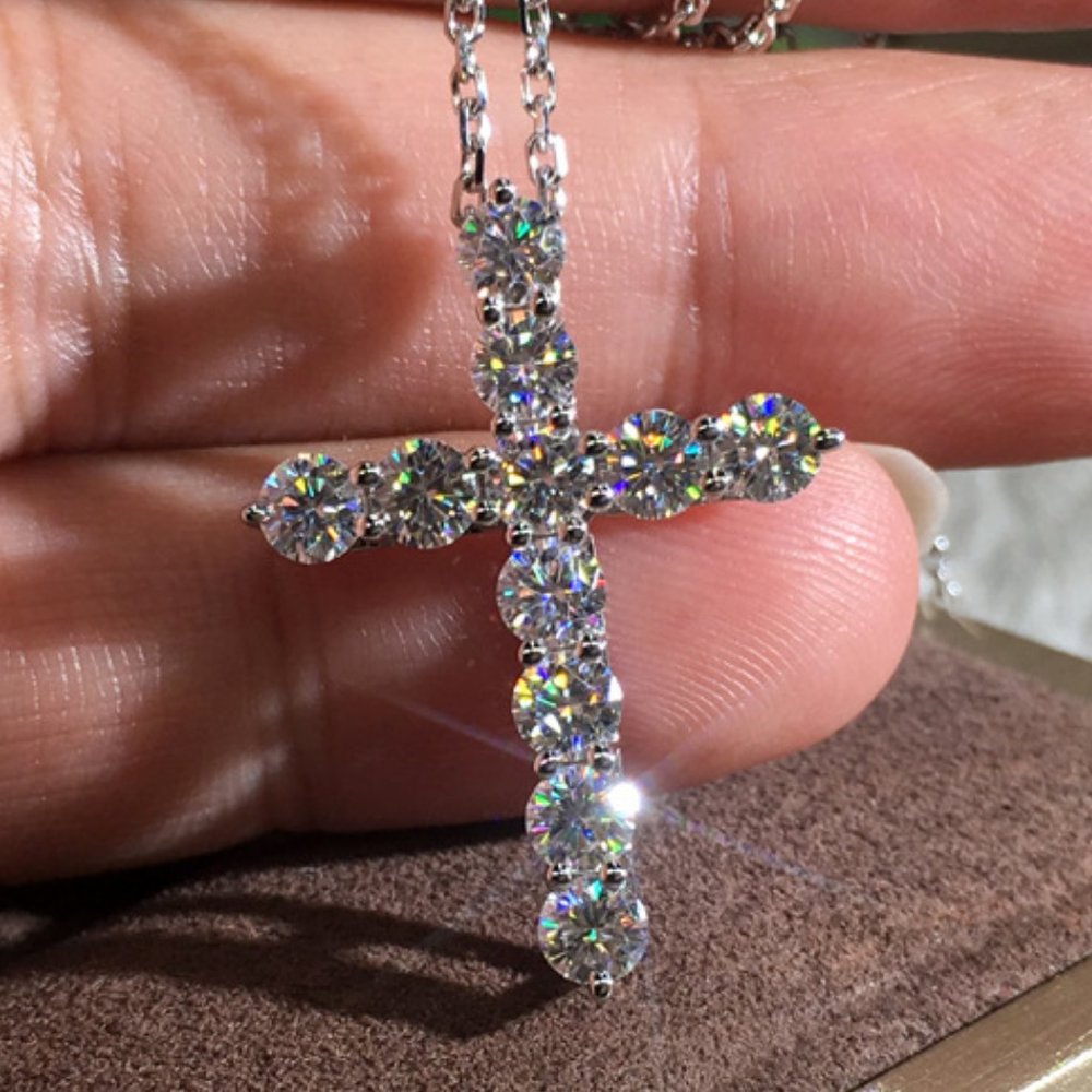 NEW 925 Silver Diamond Heart Cross Necklace